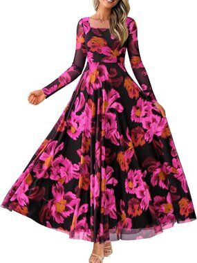 Floral Black Rose Red XX-Large Boho Maxi Dress for Fall Weddings & Events